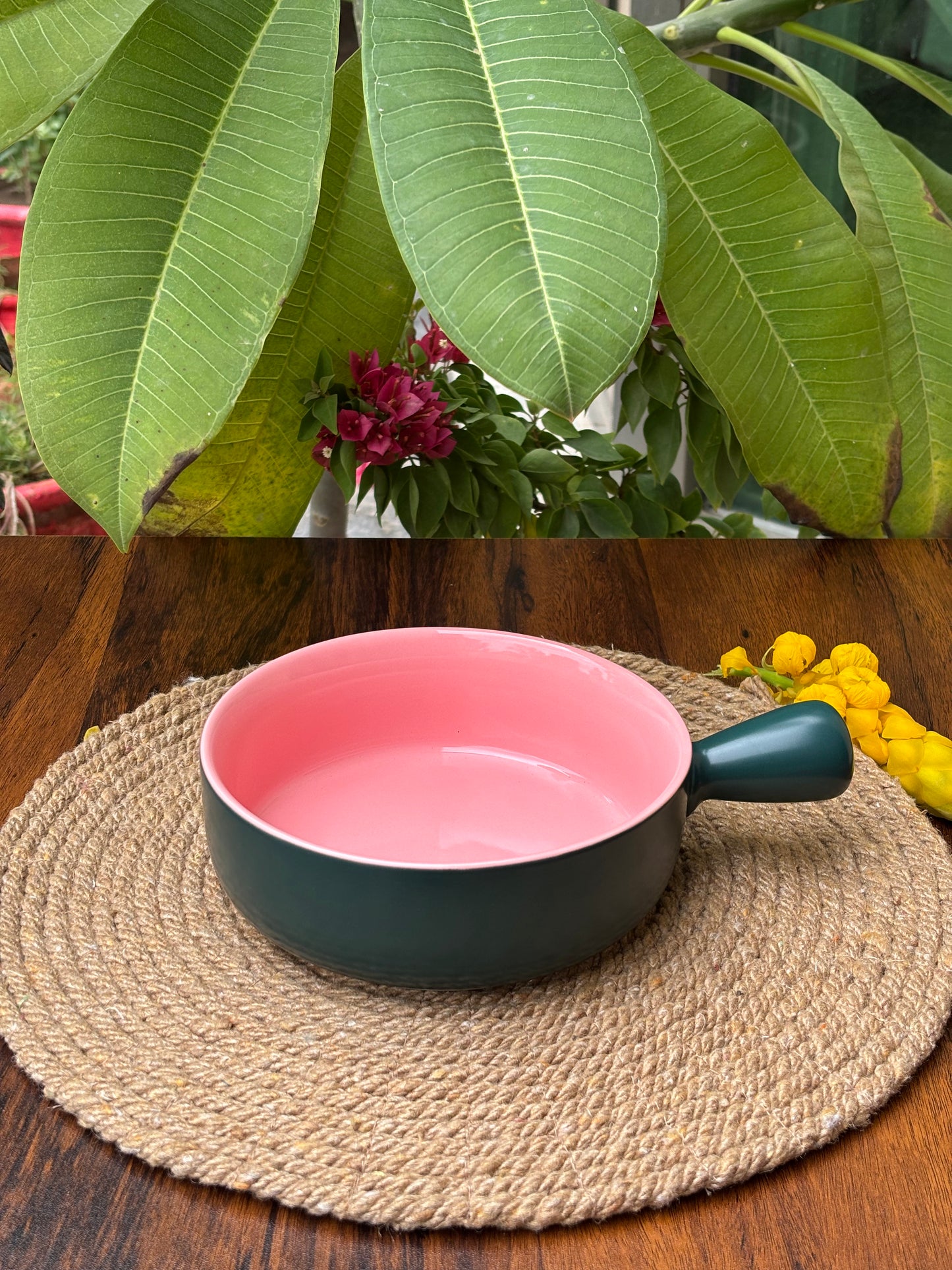 Ceramic Bowl For Baking and Serving | Dark Green & Blush Pink