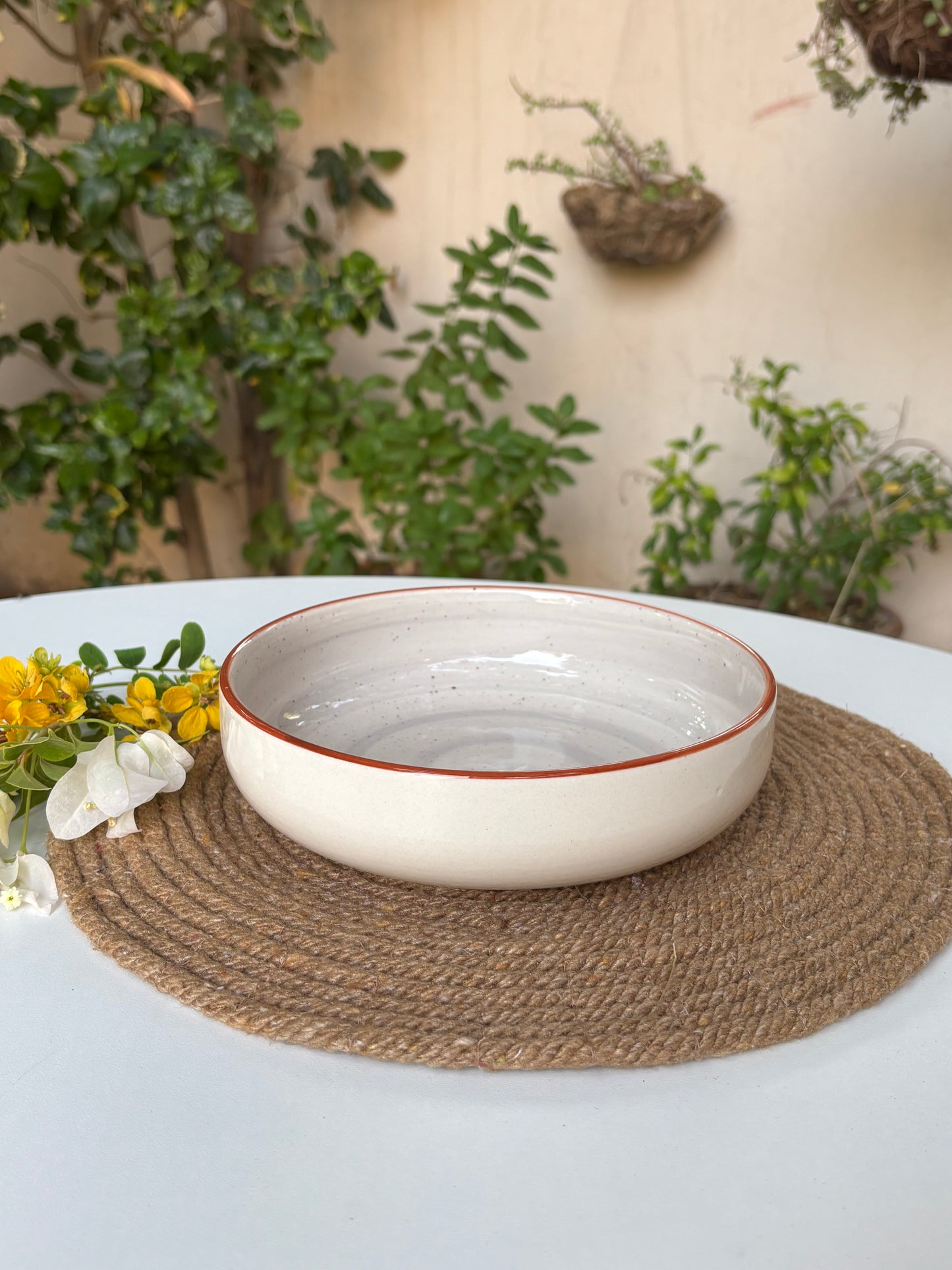 Ceramic Serving Bowl | Speckled Gray & White Glaze with Rust Rim