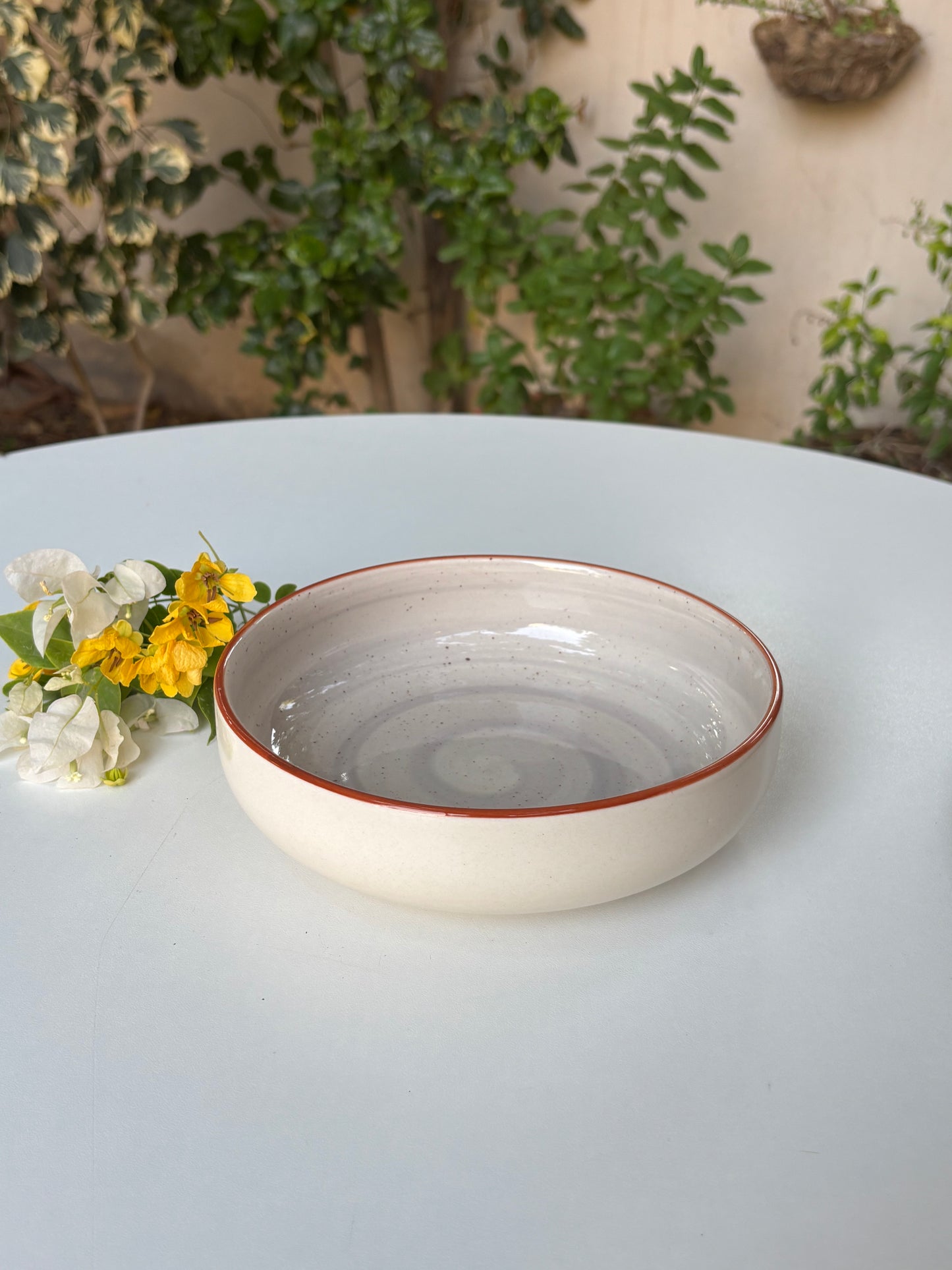 Ceramic Serving Bowl | Speckled Gray & White Glaze with Rust Rim