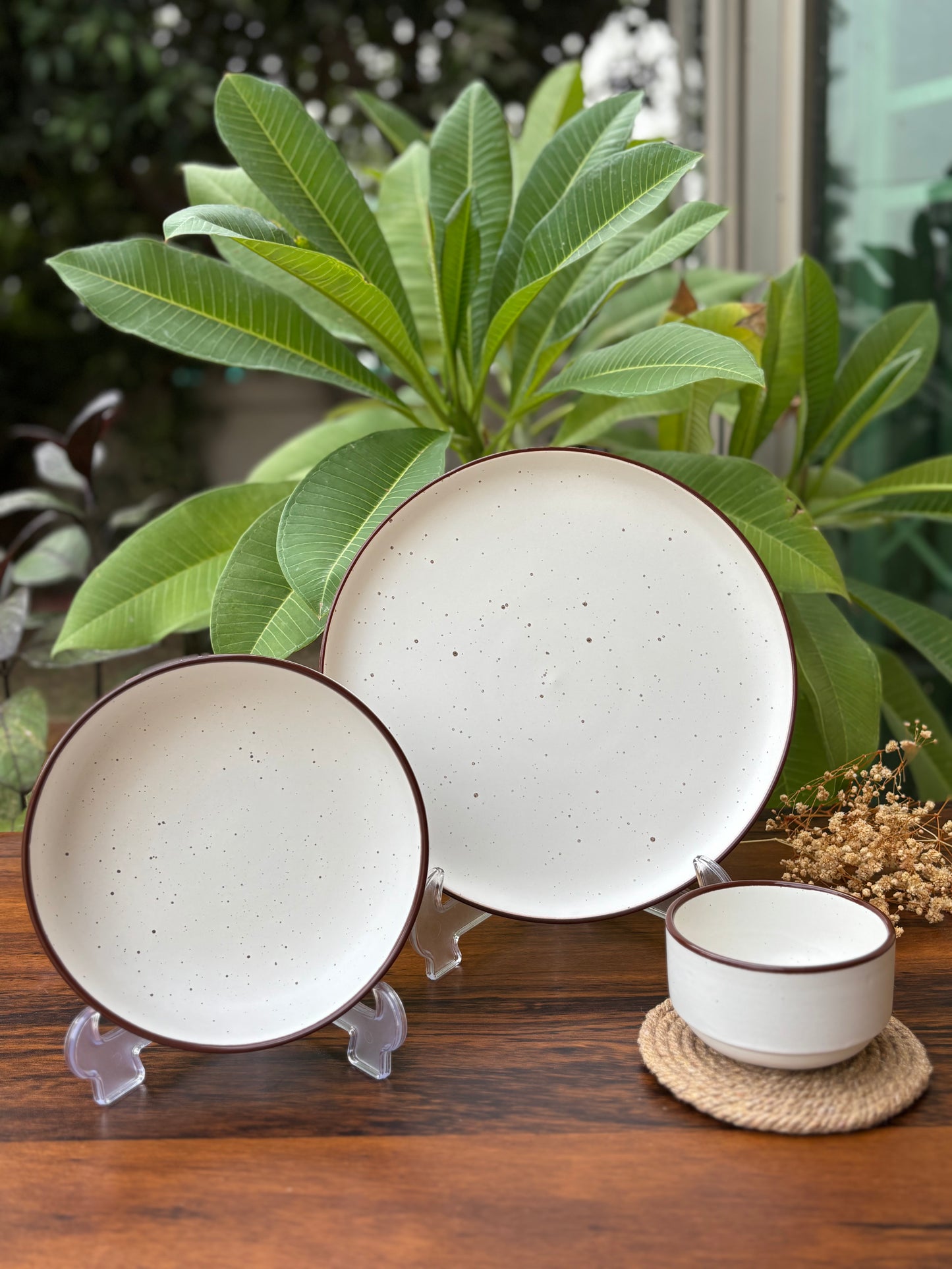 Off White Premium Ceramic 4 Piece Breakfast Set | Brown Dotted