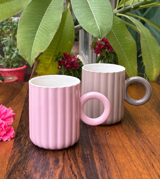 Fluted Ceramic Mugs | Pink & Beige Brown