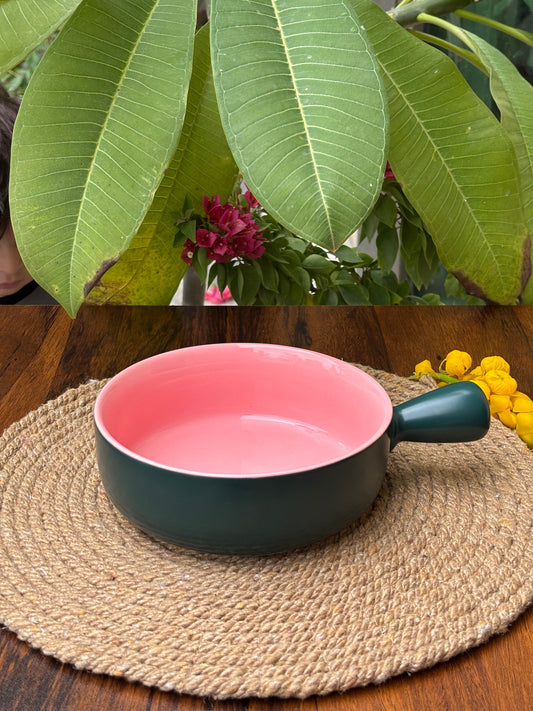 Ceramic Bowl For Baking and Serving | Dark Green & Blush Pink