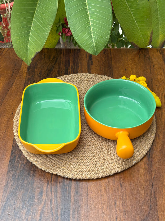 Ceramic Dish & Bowl For Baking & Serving | Mustard Yellow & Mint Green