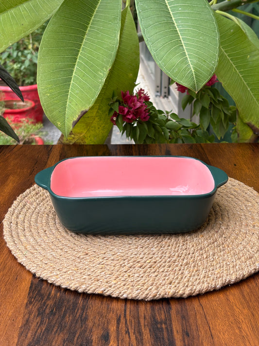 Premium Ceramic Dish For Baking & Serving | Dark Green & Blush Pink