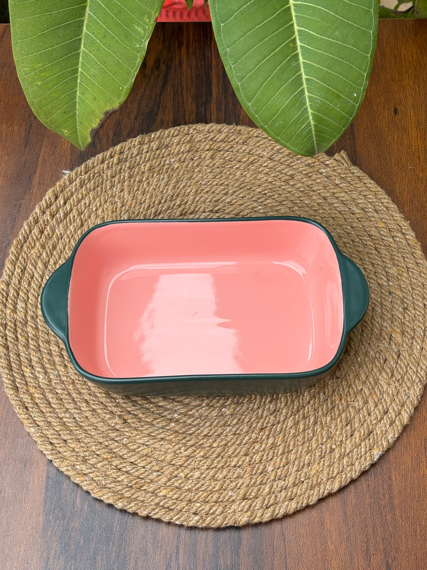 Premium Ceramic Dish For Baking & Serving | Dark Green & Blush Pink
