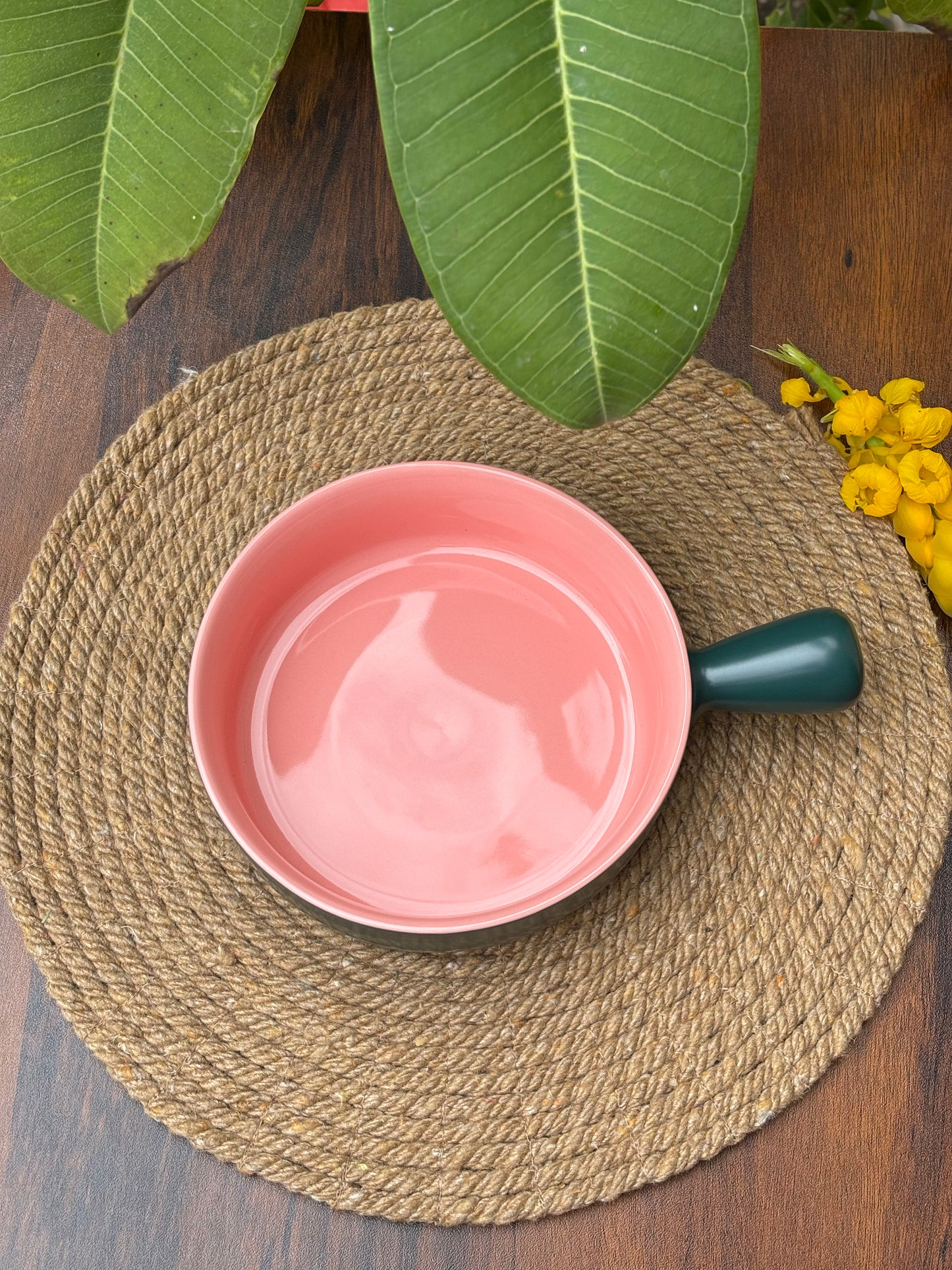 Ceramic Bowl For Baking and Serving | Dark Green & Blush Pink