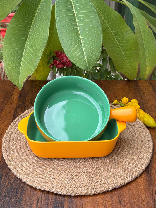 Ceramic Dish & Bowl For Baking & Serving | Mustard Yellow & Mint Green