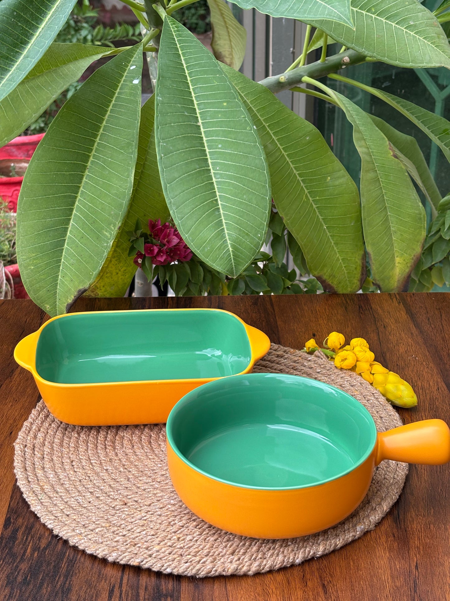 Ceramic Dish & Bowl For Baking & Serving | Mustard Yellow & Mint Green
