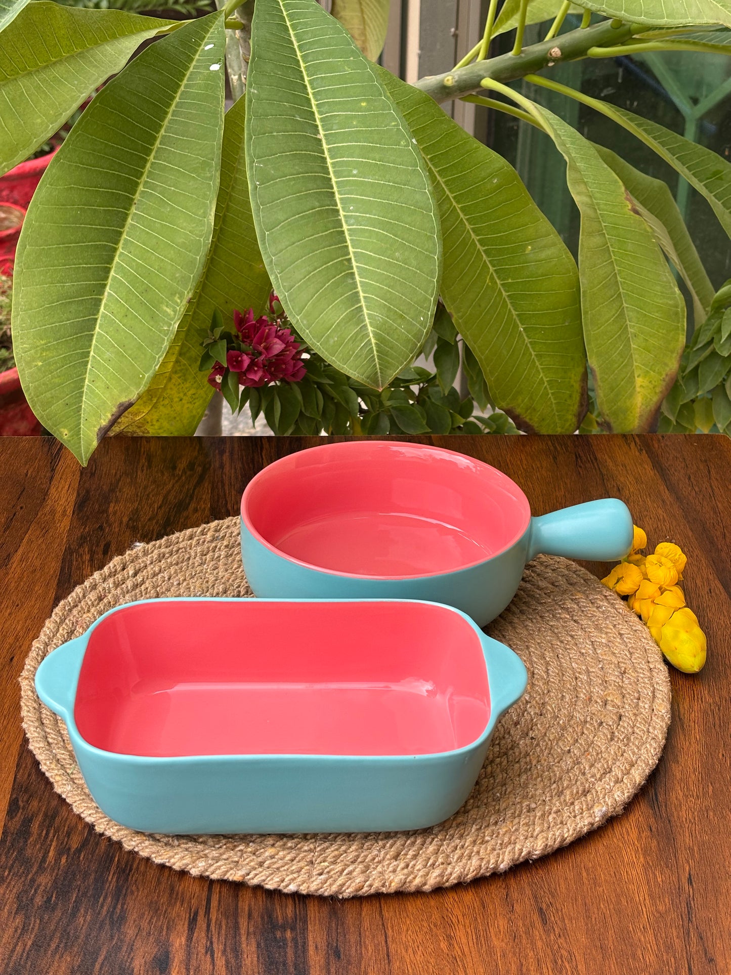Ceramic Dish & Bowl For Baking & Serving | Turquoise & Blush Pink