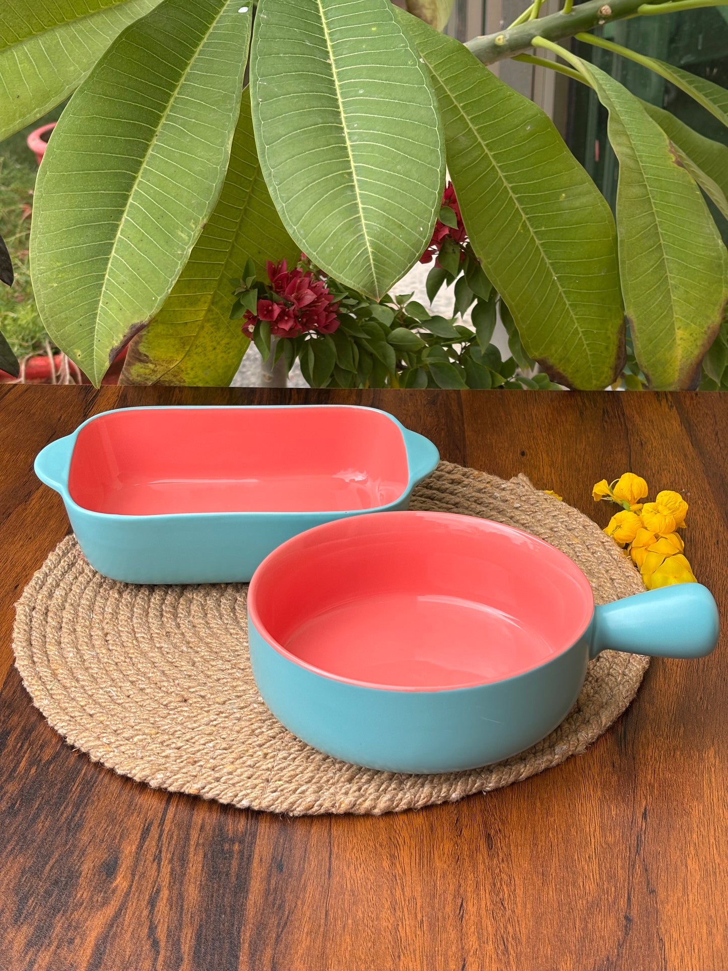 Ceramic Dish & Bowl For Baking & Serving | Turquoise & Blush Pink