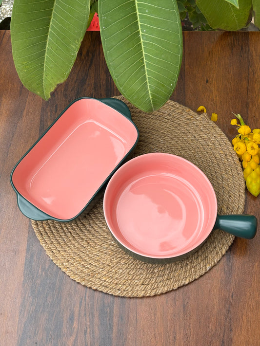 Ceramic Dish & Bowl For Baking & Serving | Dark Green & Blush Pink