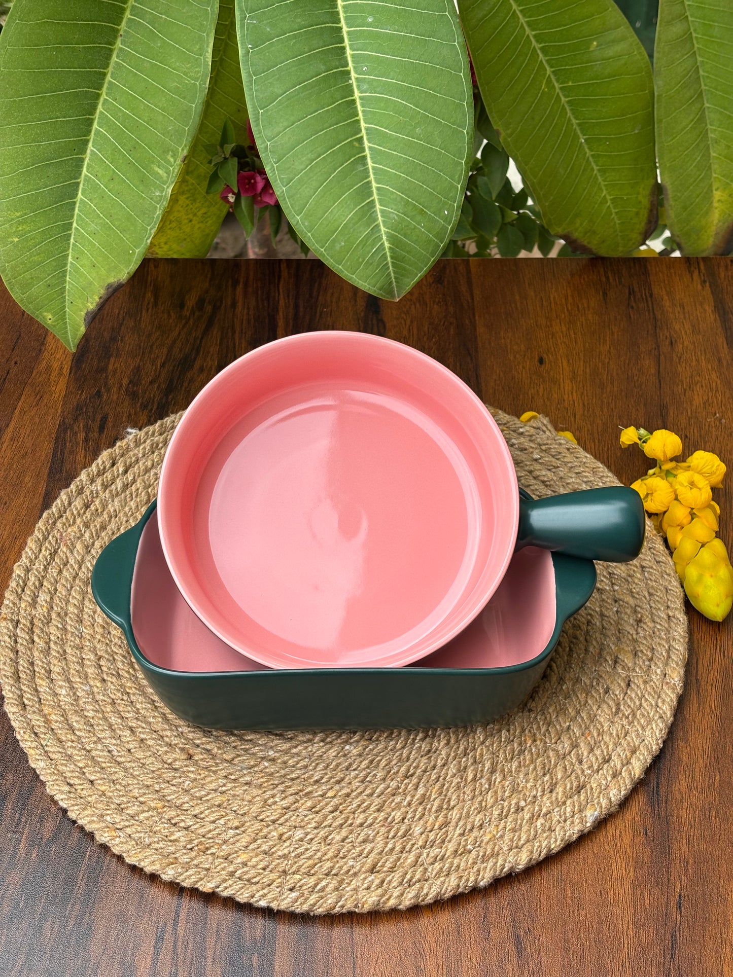 Ceramic Dish & Bowl For Baking & Serving | Dark Green & Blush Pink