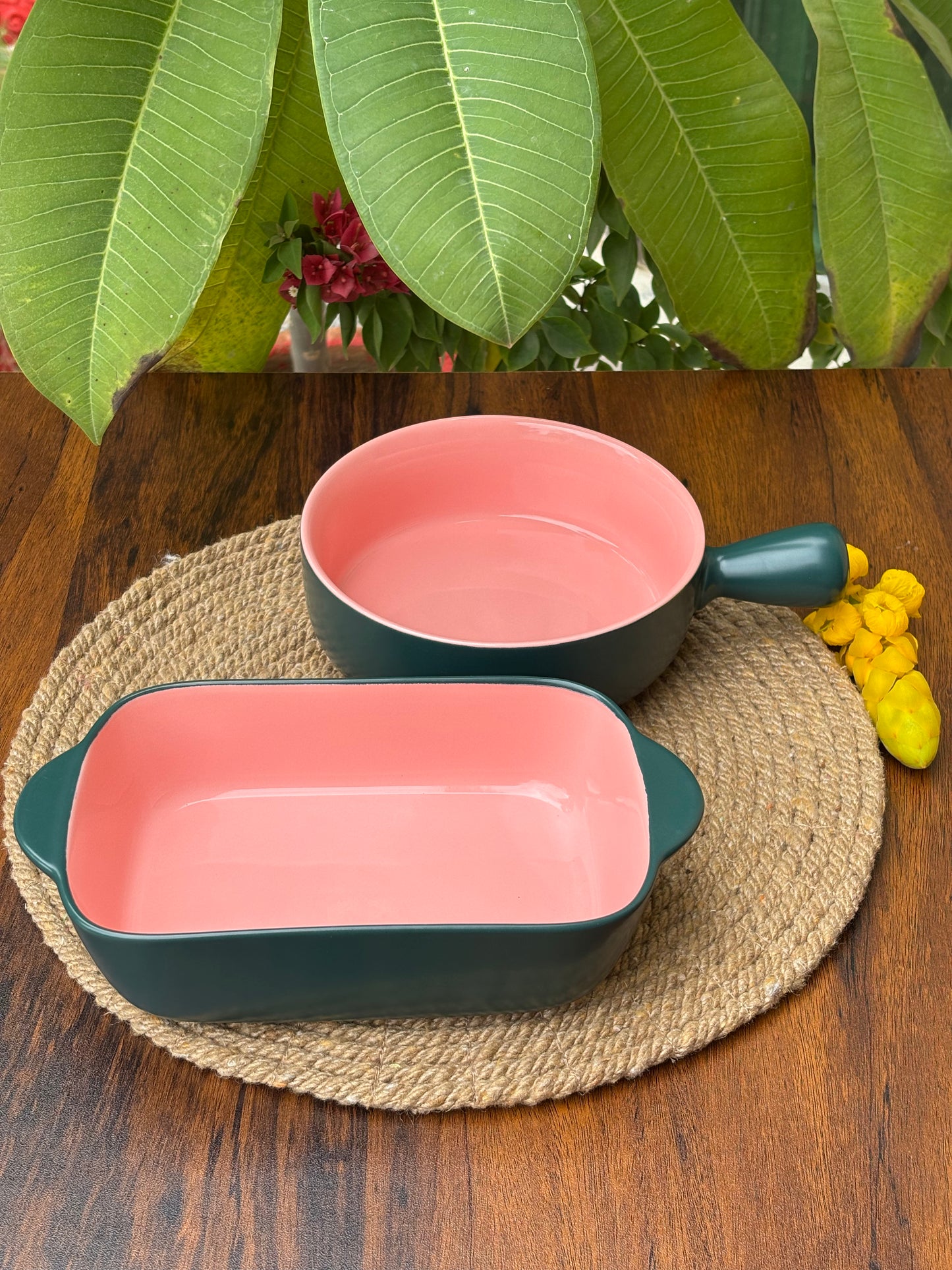 Ceramic Dish & Bowl For Baking & Serving | Dark Green & Blush Pink