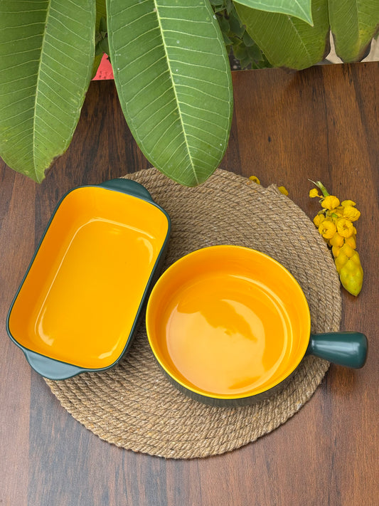 Ceramic Bowl & Dish For Baking & Serving | Forest Green & Mustard Yellow