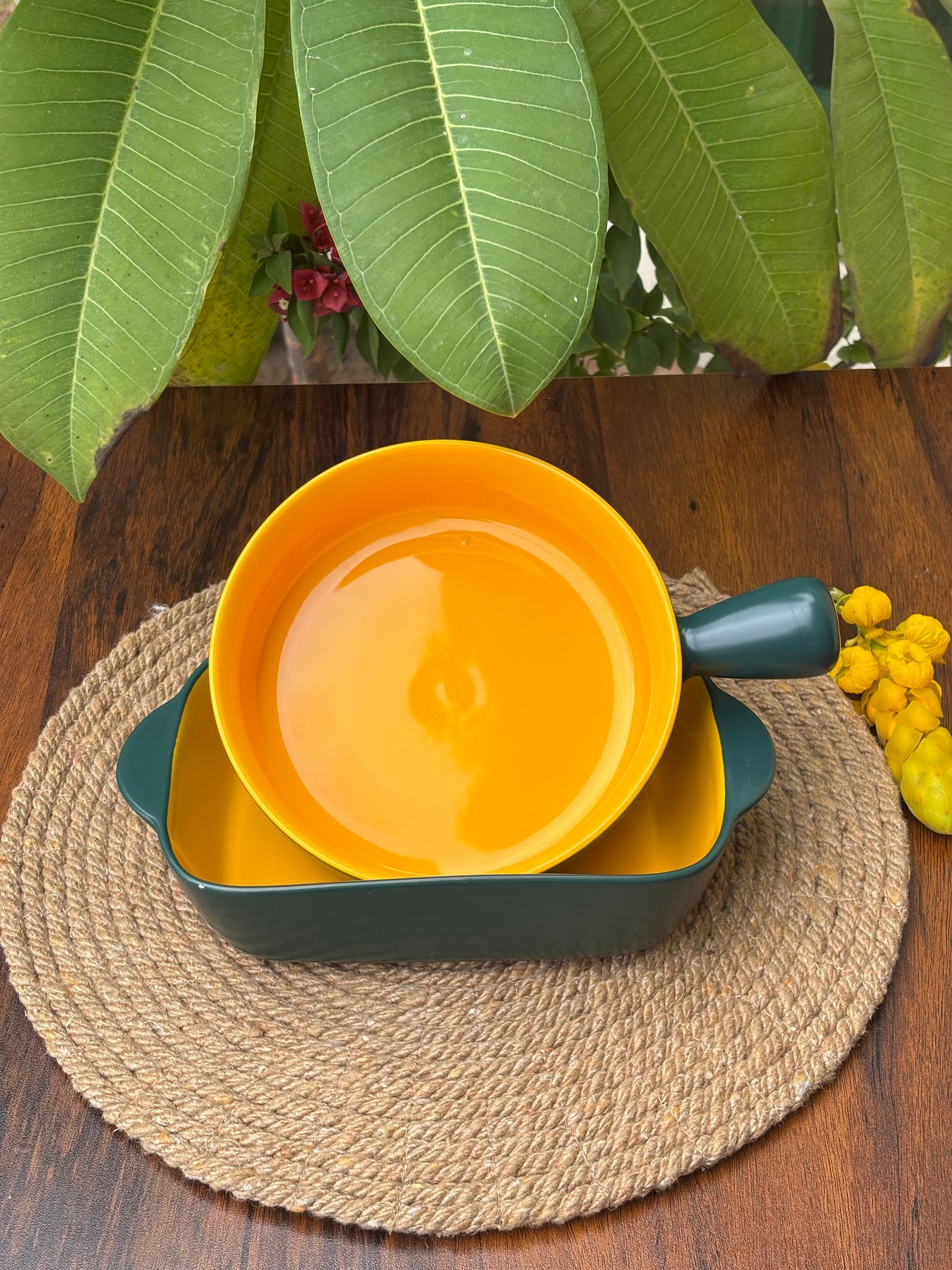 Ceramic Bowl & Dish For Baking & Serving | Forest Green & Mustard Yellow