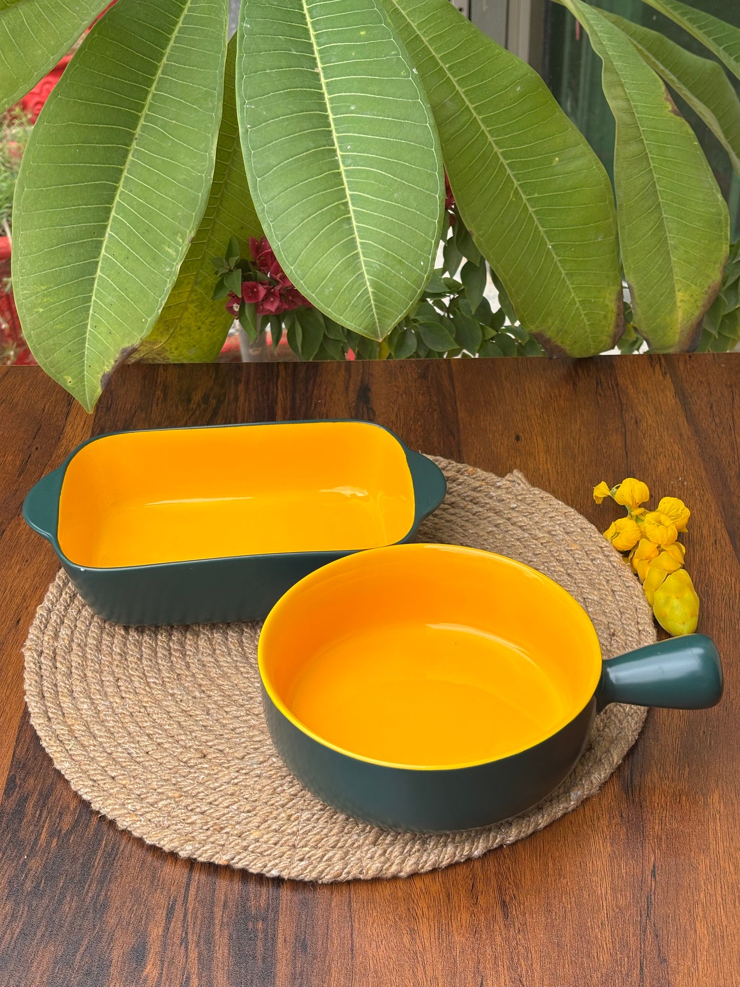 Ceramic Bowl & Dish For Baking & Serving | Forest Green & Mustard Yellow