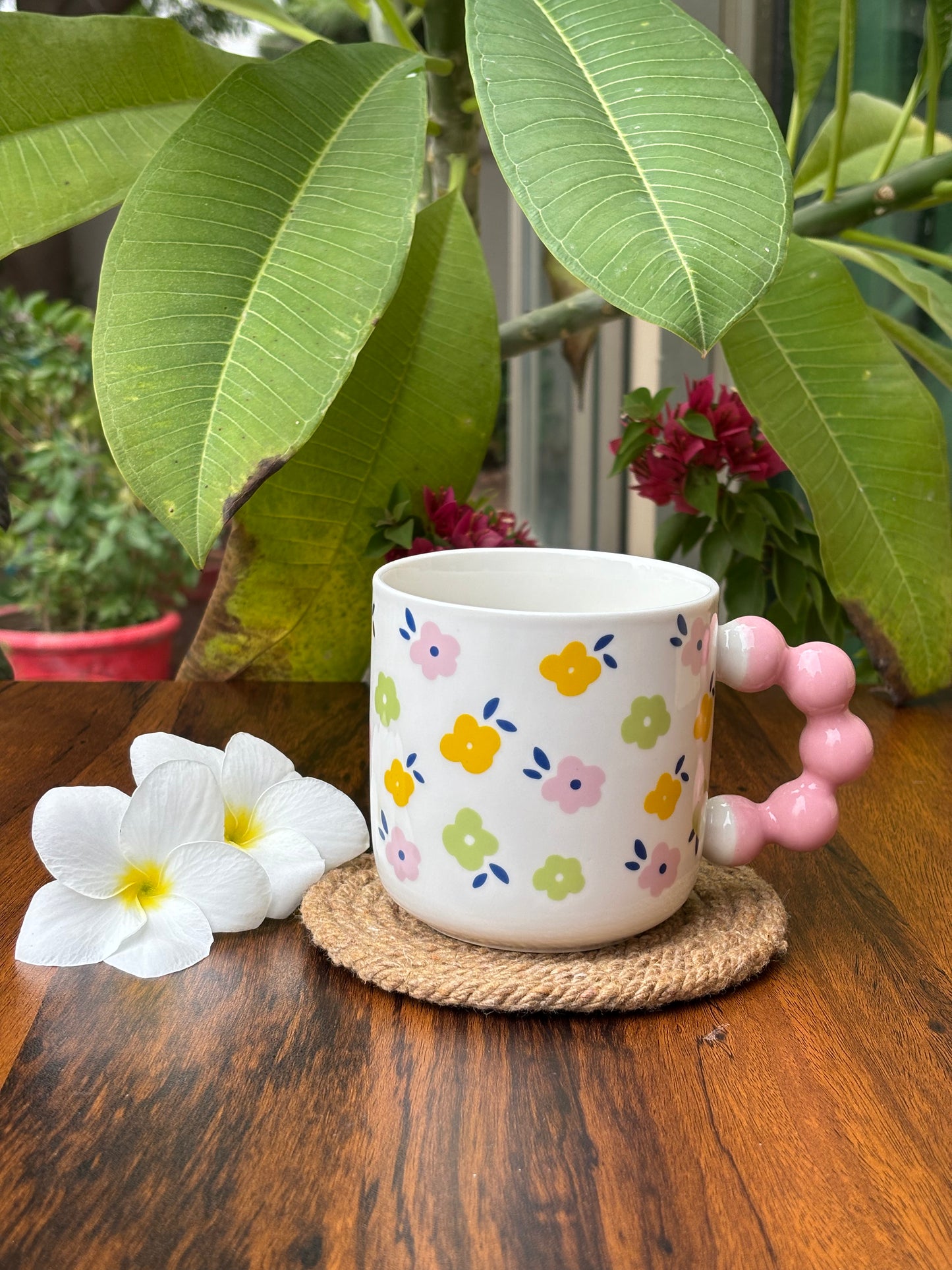 Floral Bubble Handle Ceramic Mug