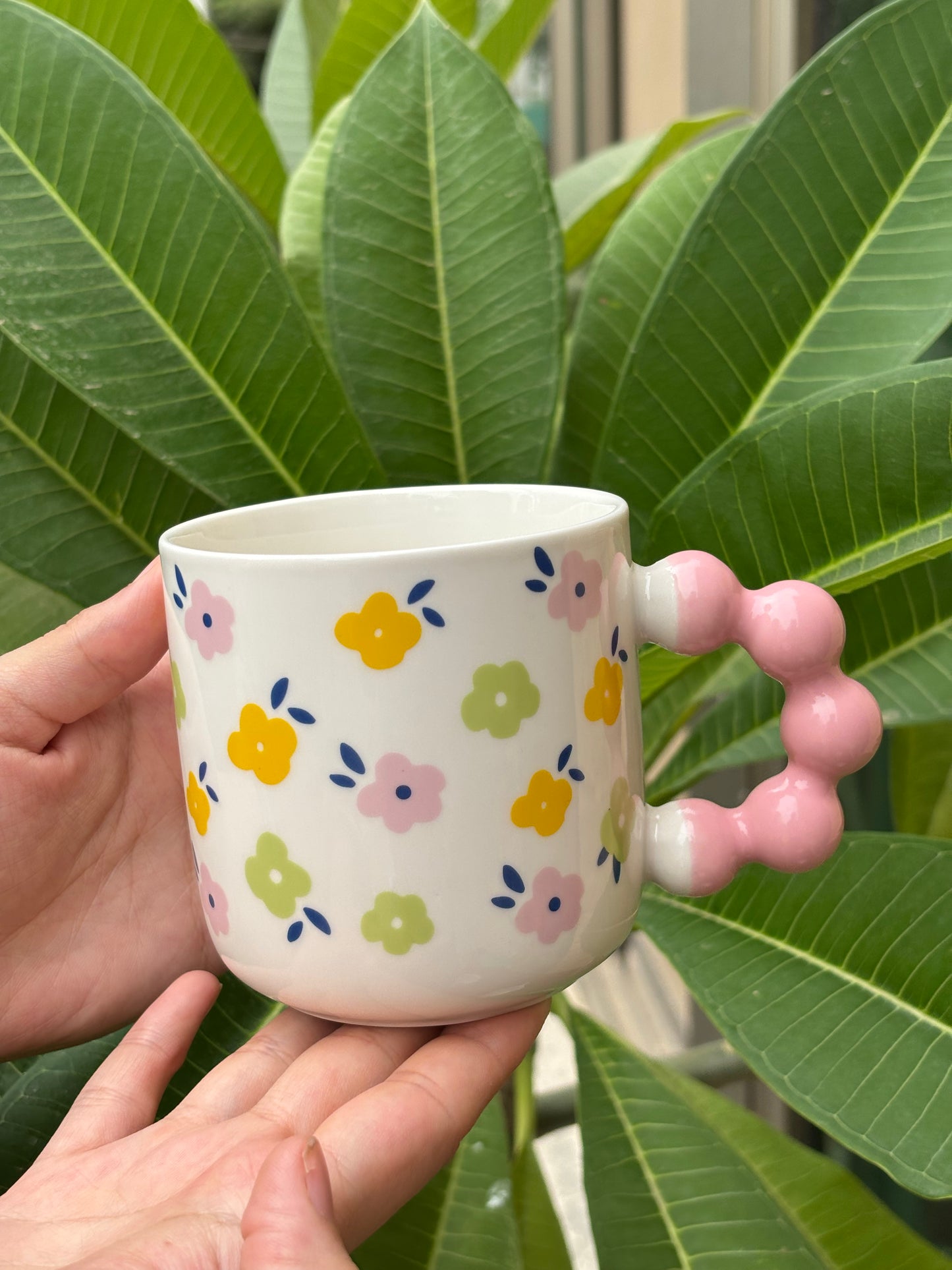 Floral Bubble Handle Ceramic Mug