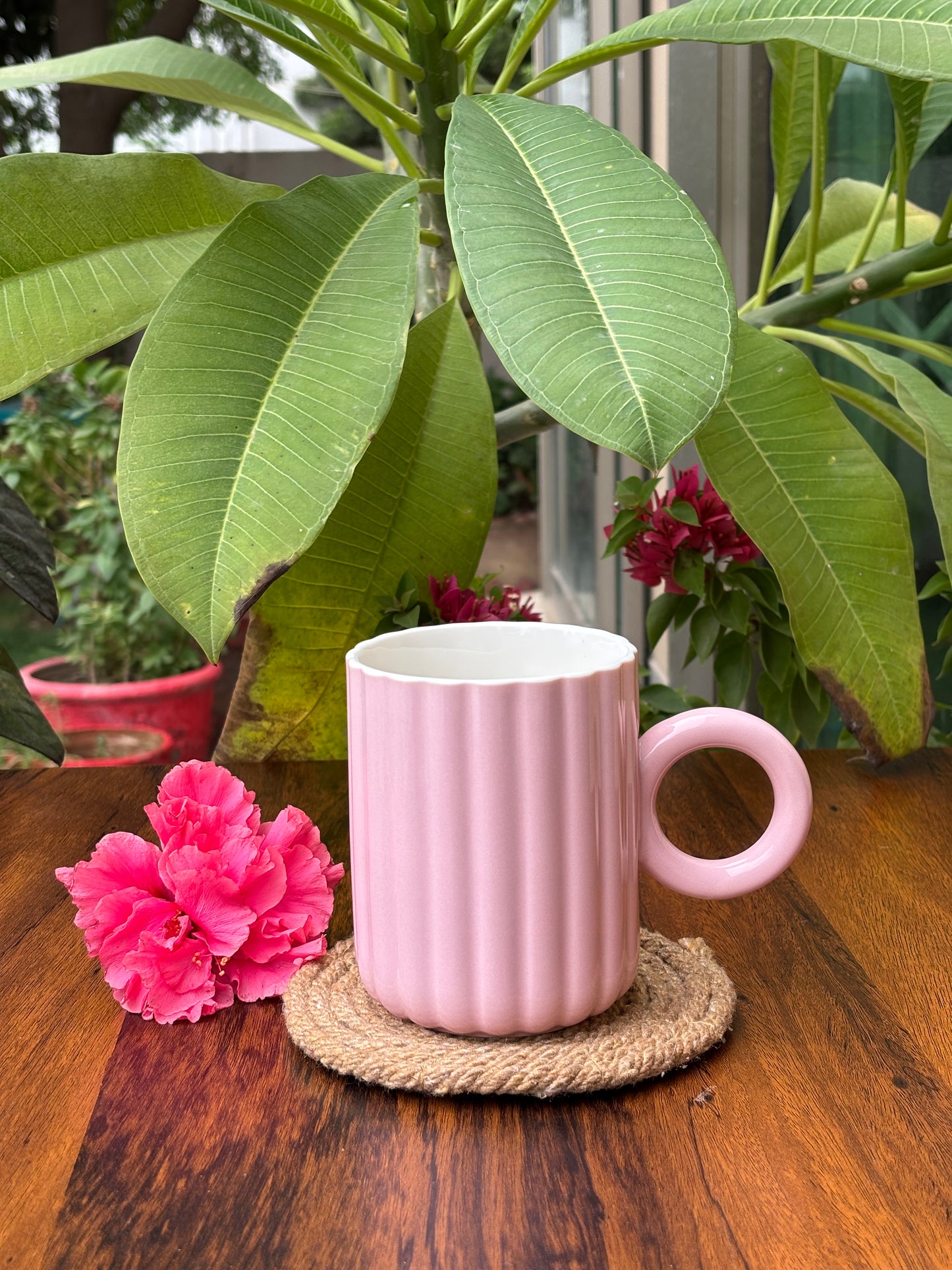Fluted Ceramic Mugs | Pink & Beige Brown
