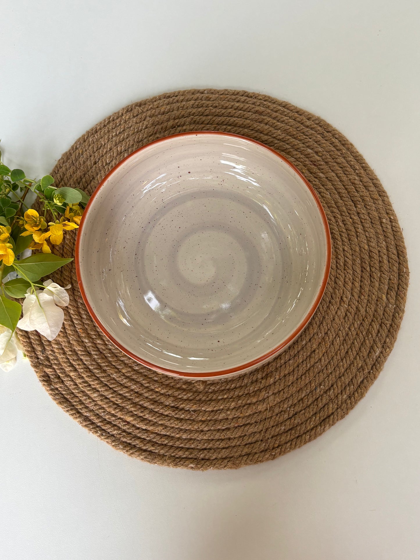 Ceramic Serving Bowl | Speckled Gray & White Glaze with Rust Rim
