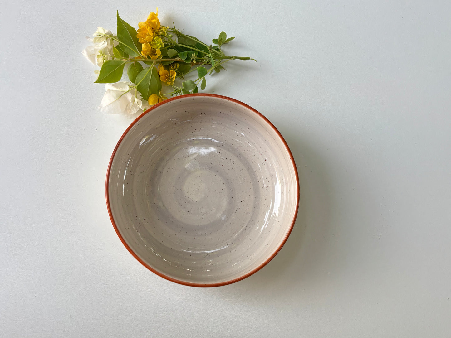 Ceramic Serving Bowl | Speckled Gray & White Glaze with Rust Rim