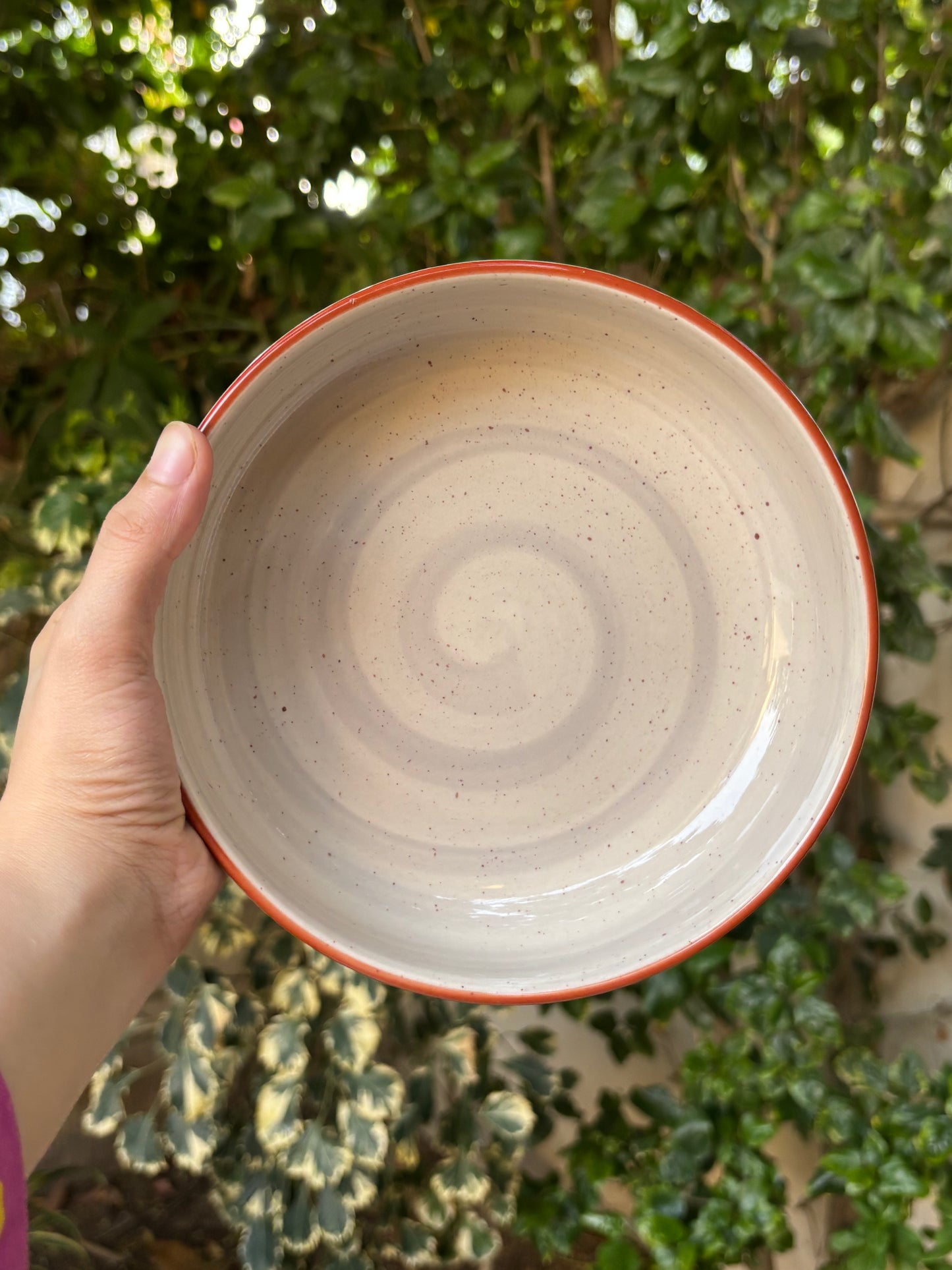 Ceramic Serving Bowl | Speckled Gray & White Glaze with Rust Rim