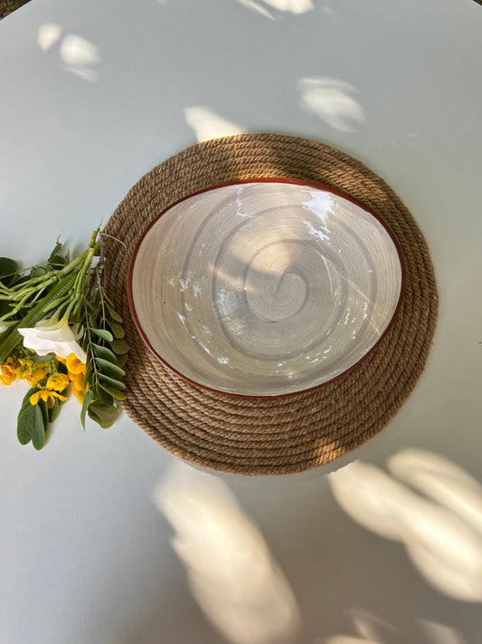 Ceramic Hummus Plate & Appetizer Bowl | Gray Swirl Glaze with Brown Rim