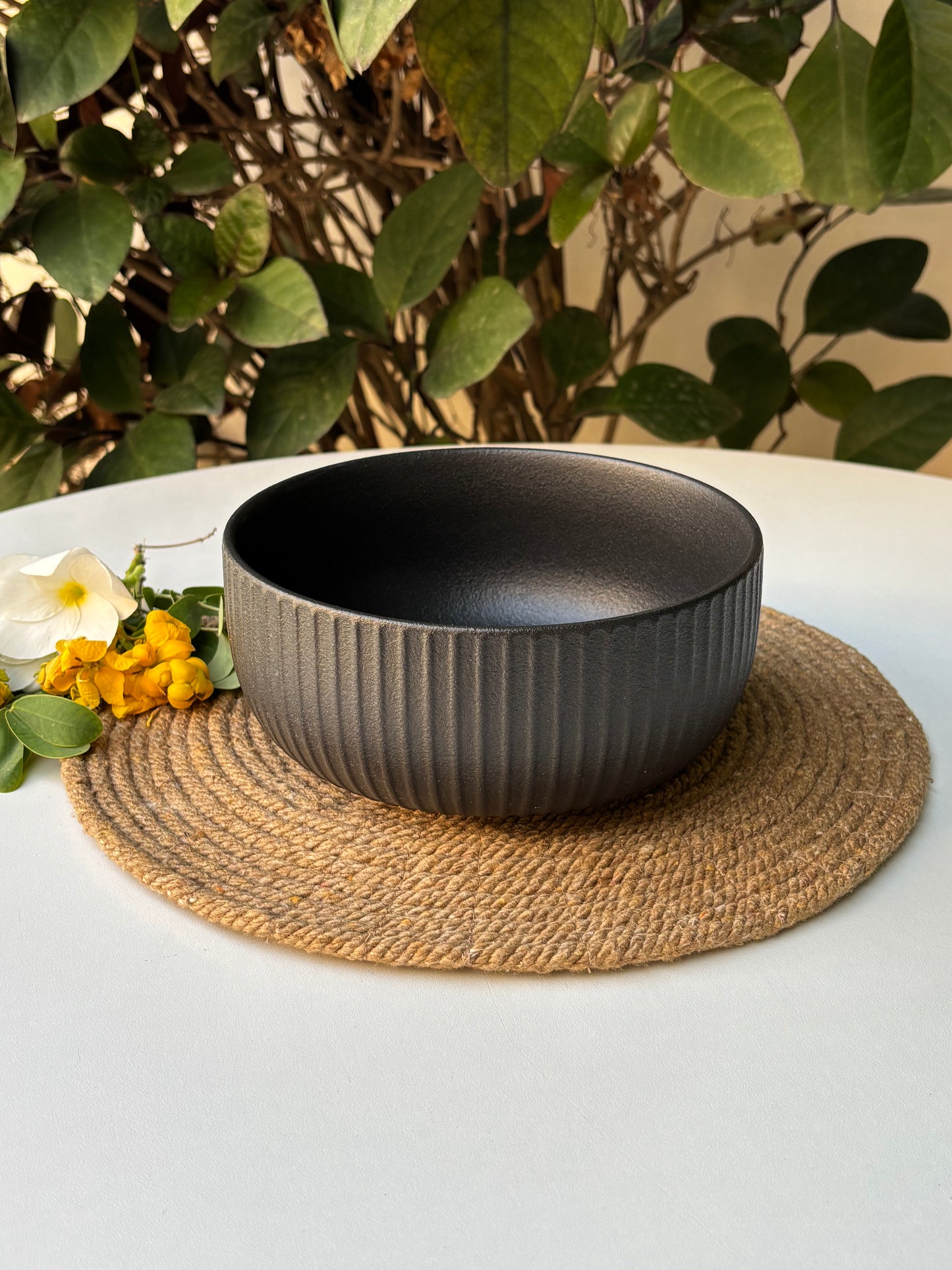 Stoneware Fluted Ceramic Bowl | Matte Black Textured