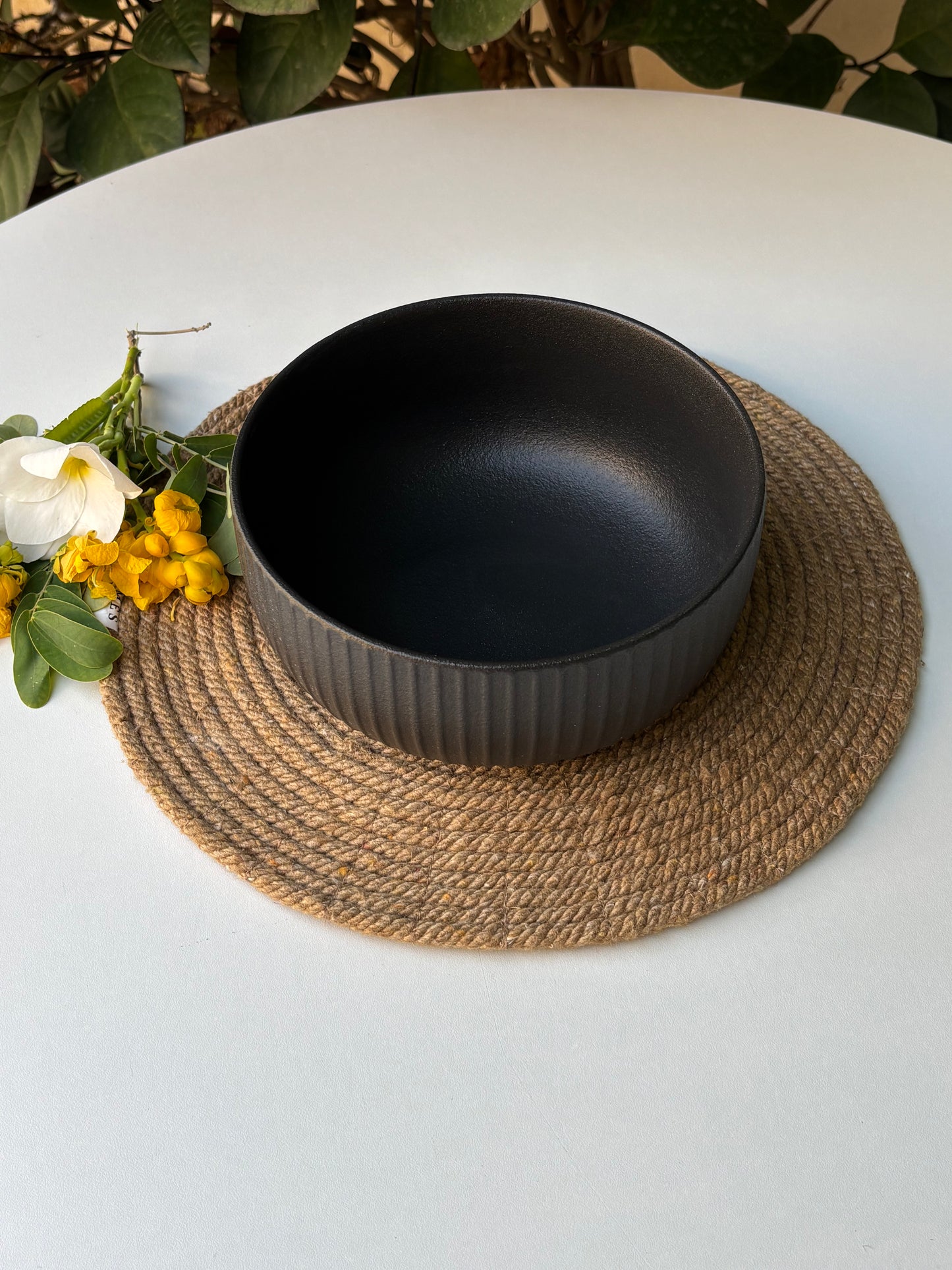 Stoneware Fluted Ceramic Bowl | Matte Black Textured