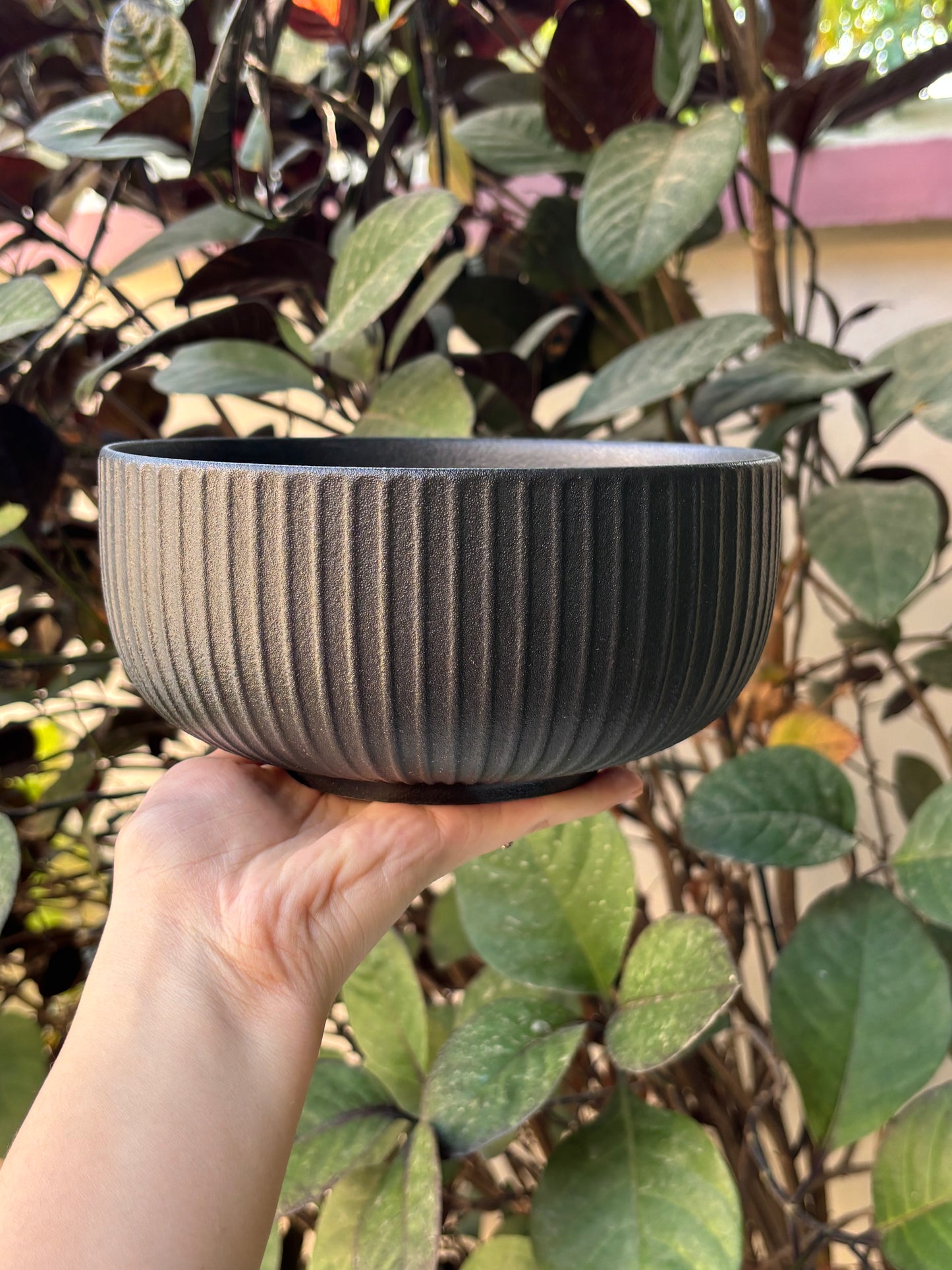 Stoneware Fluted Ceramic Bowl | Matte Black Textured