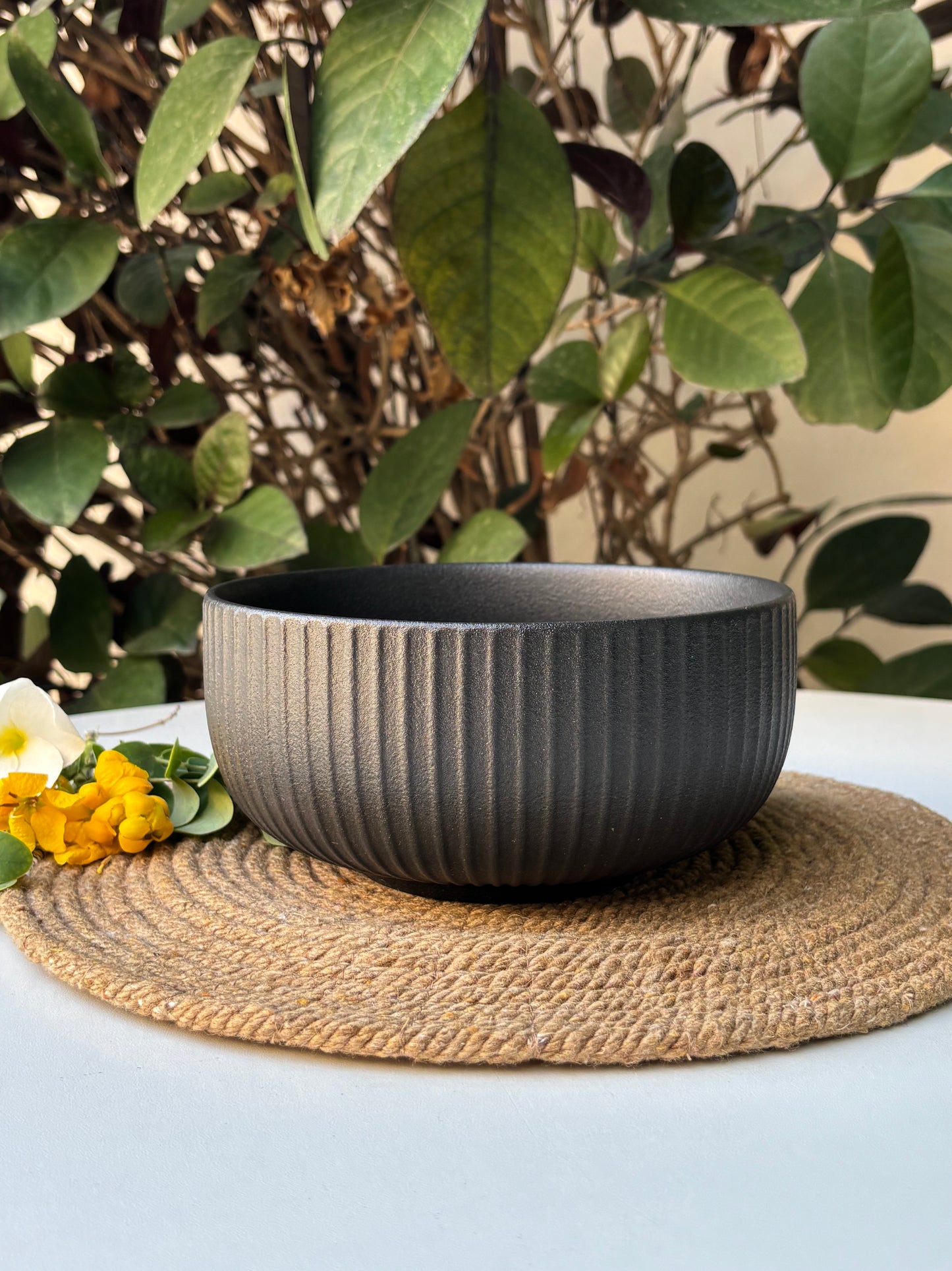 Stoneware Fluted Ceramic Bowl | Matte Black Textured