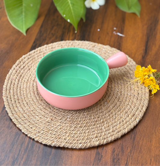 Ceramic Bowl for baking and serving with Handle | Blush Pink & Mint Green