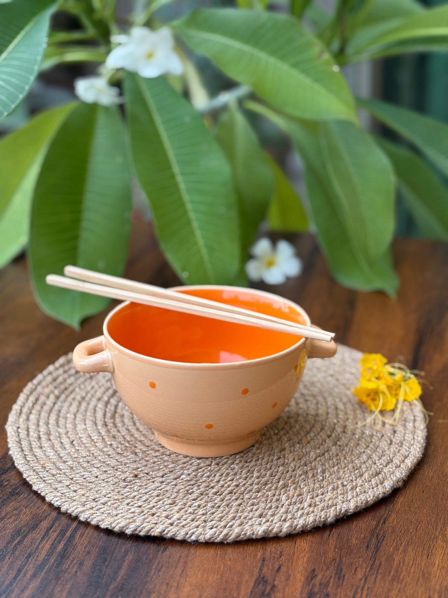 Orange Polka Dot Ceramic Multi Purpose Bowl with Dual Handles