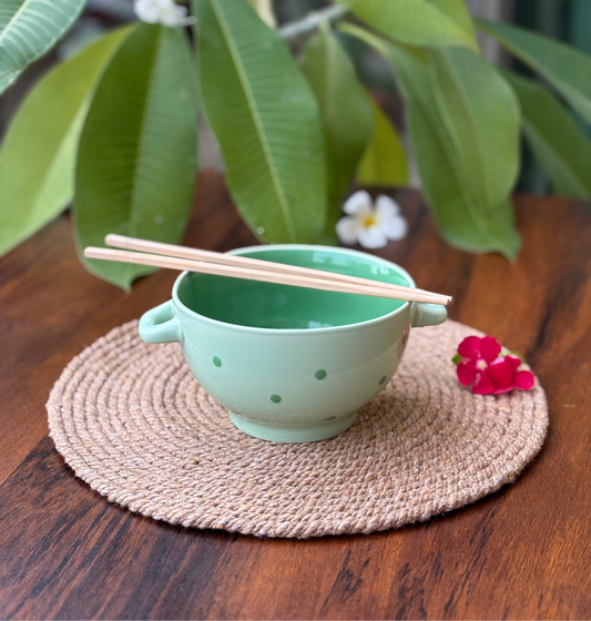 Light Green Polka Dot Ceramic Multi Purpose Bowl with Dual Handles