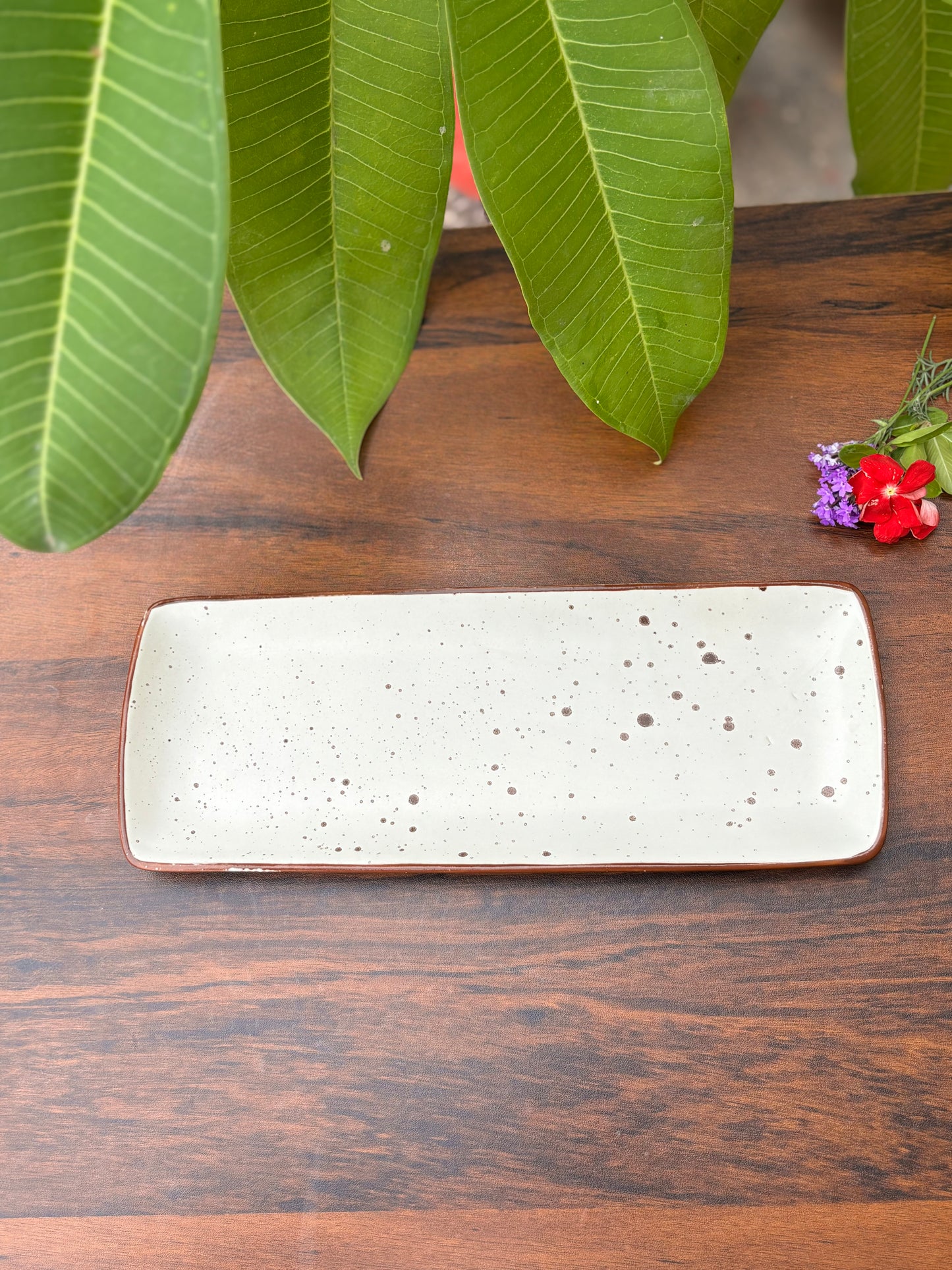 White Speckled Rectangular Ceramic Platter | Long Serving Tray