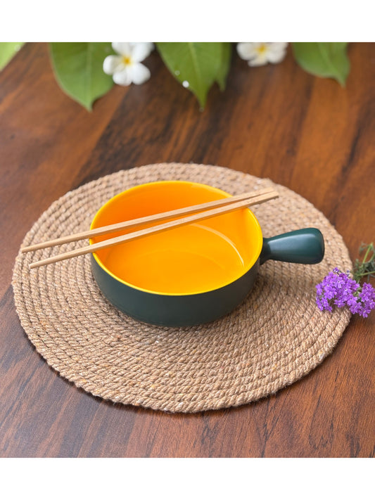 CERAMIC BOWL WITH HANDLE - YELLOW & FOREST GREEN