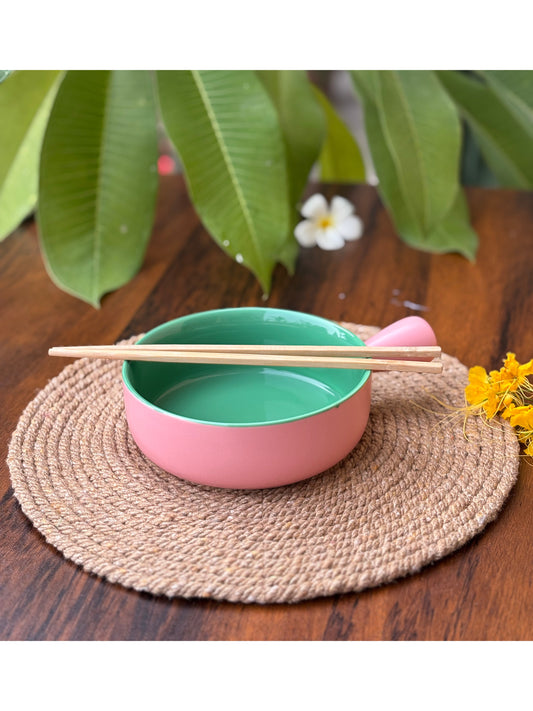 CERAMIC BOWL WITH HANDLE - BLUSH PINK & MINT GREEN
