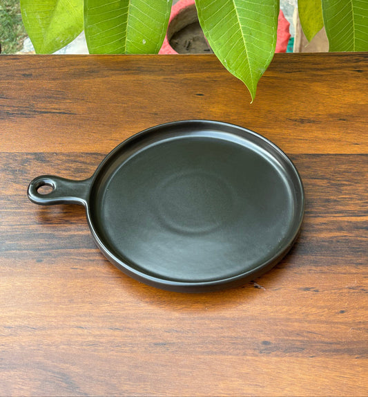 Matte Black Ceramic Pizza Plate with Handle | Serving Platter