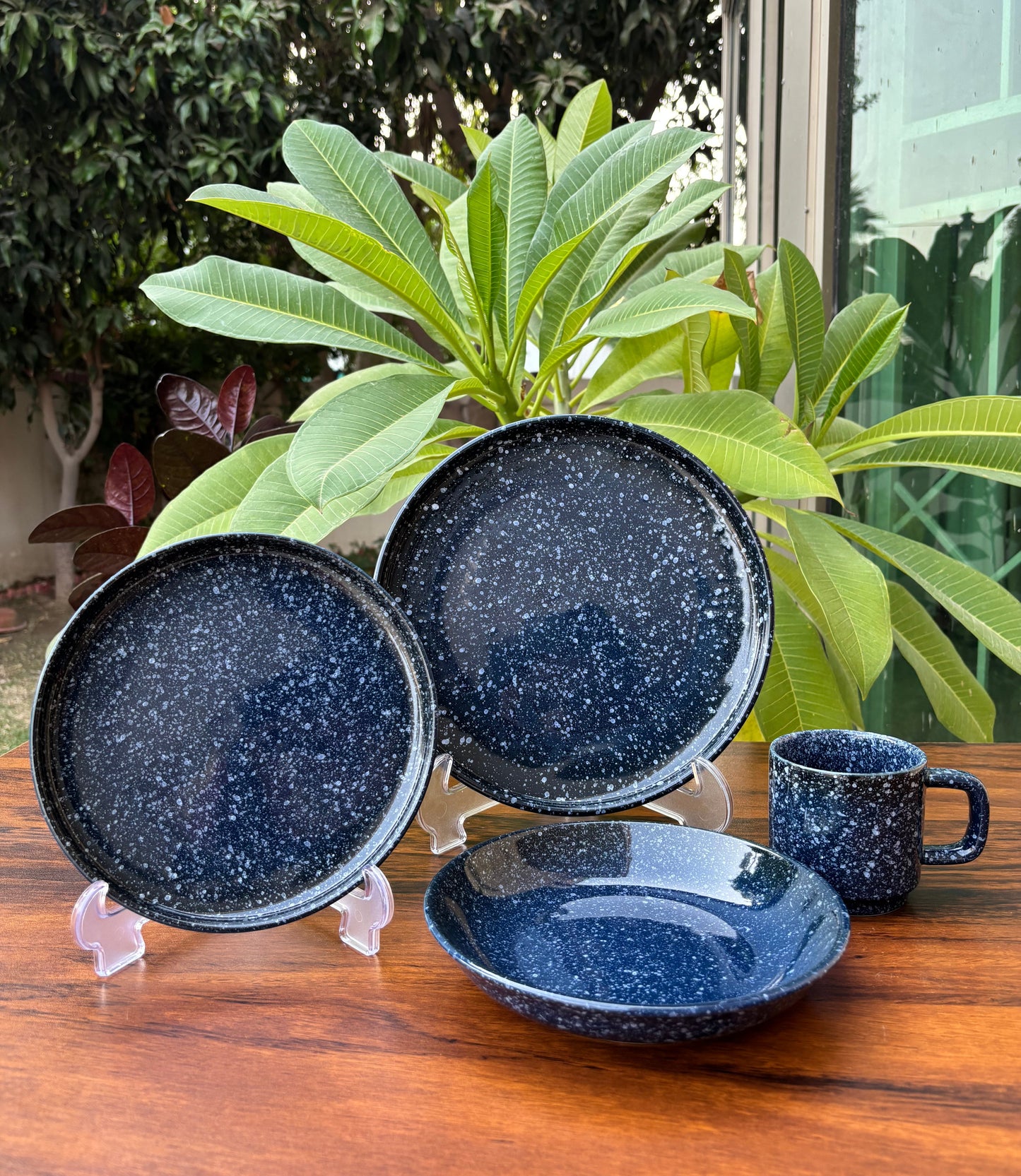 4 Piece Dark Blue Speckled Ceramic Modern Breakfast Set