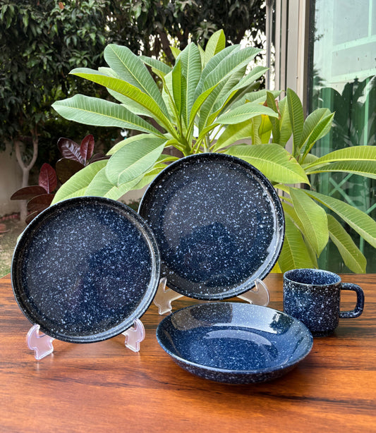 4 Piece Dark Blue Speckled Stoneware | Modern Breakfast Set
