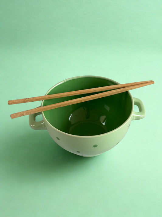 GREEN CERAMIC BOWL FOR NOODLES & CHOWMEIN WITH CHOPSTICKS