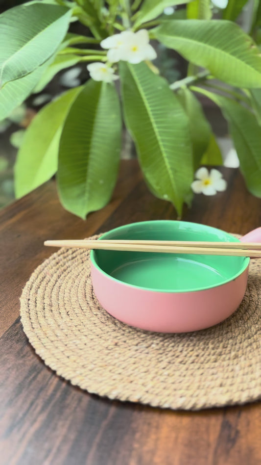 Ceramic Bowl for baking and serving with Handle | Blush Pink & Mint Green